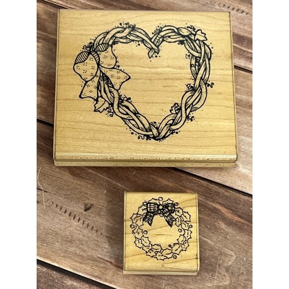 DOTS JRL DESIGN GRAPEVINE & HOLLY BERRY WREATH WOOD MOUNT RUBBER STAMP SET OF 2 - Picture 1 of 7